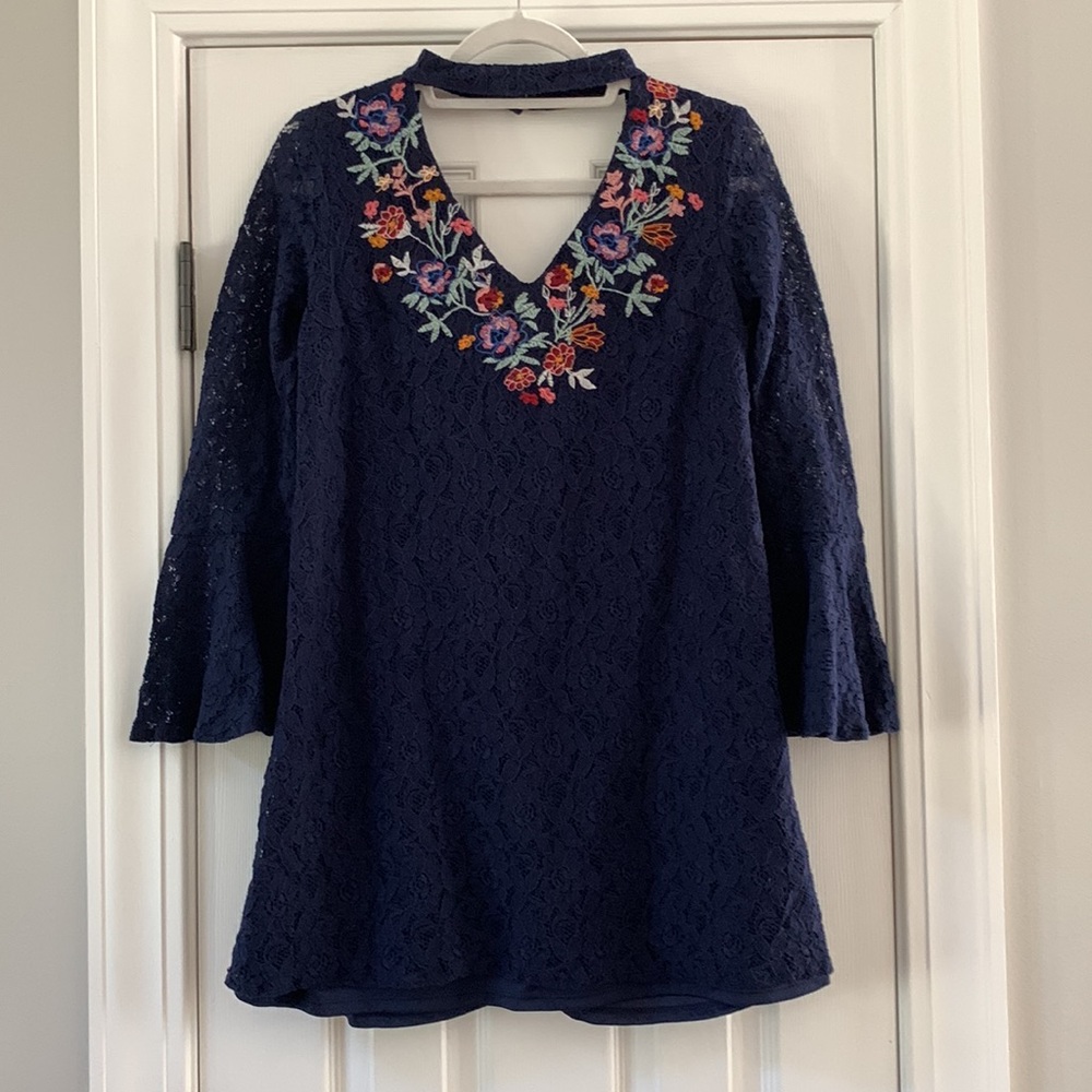Xhilaration Navy Embroidered Lace Bell Sleeve Dress, Size M